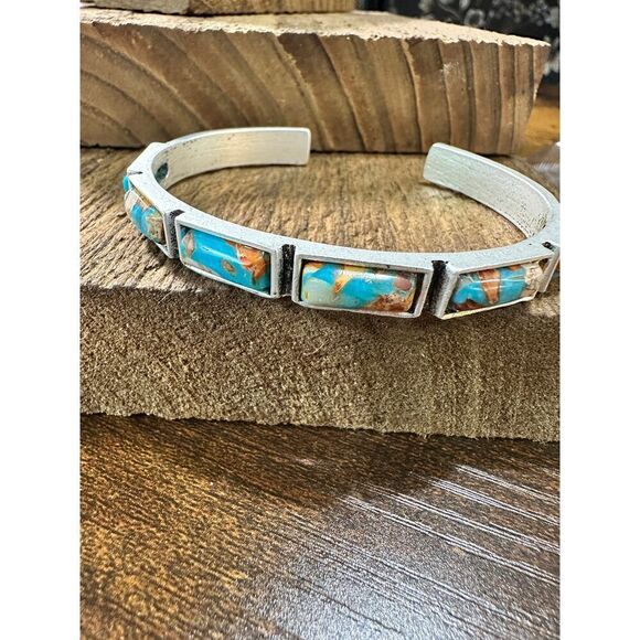 Bar Gemstone Cuff Bracelet‎ in Antique Silver Style, Southwestern Chic, Ships in - Picture 4 of 11
